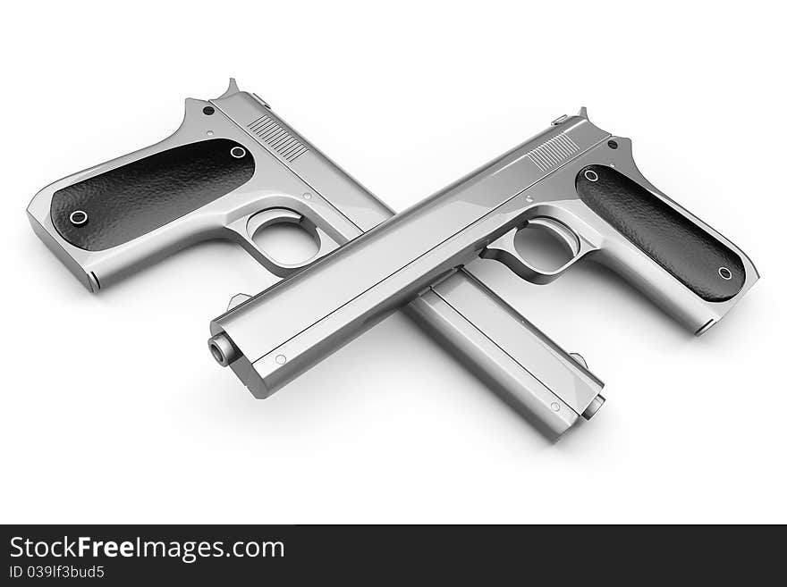 Two Colt pistol, crossed with each other and isolated on a white background. Two Colt pistol, crossed with each other and isolated on a white background