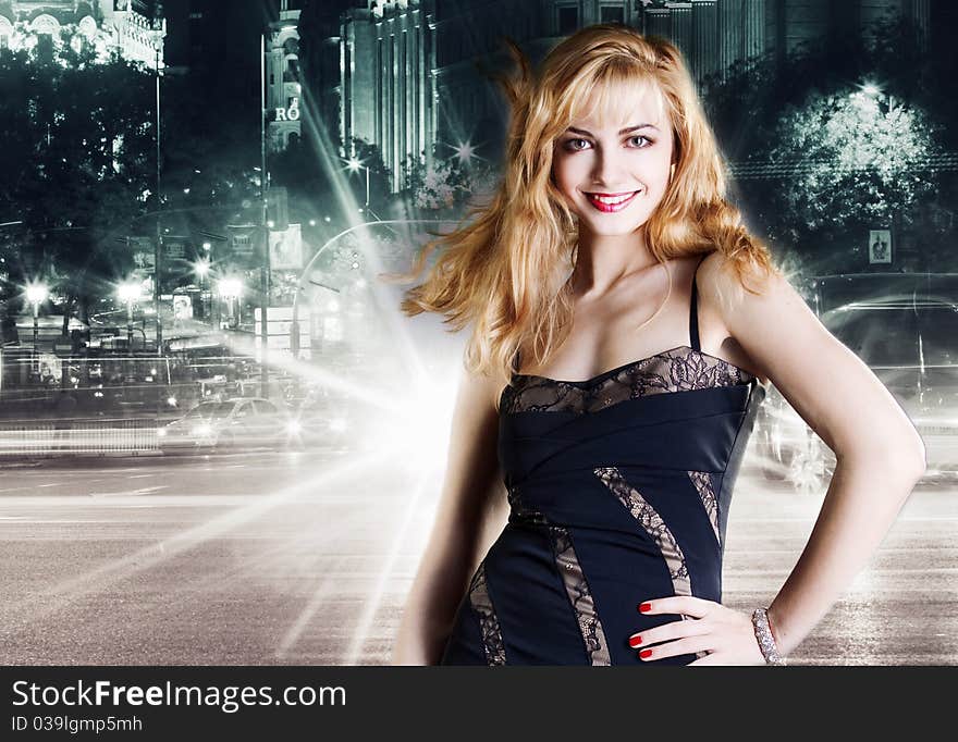 Girl  over night city background