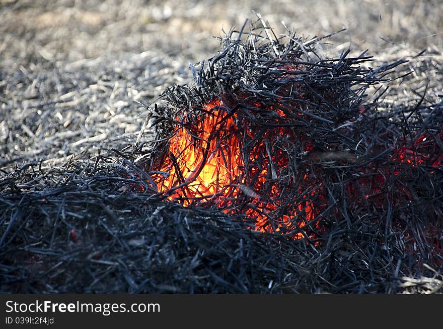 Burning straw after a fire in the field