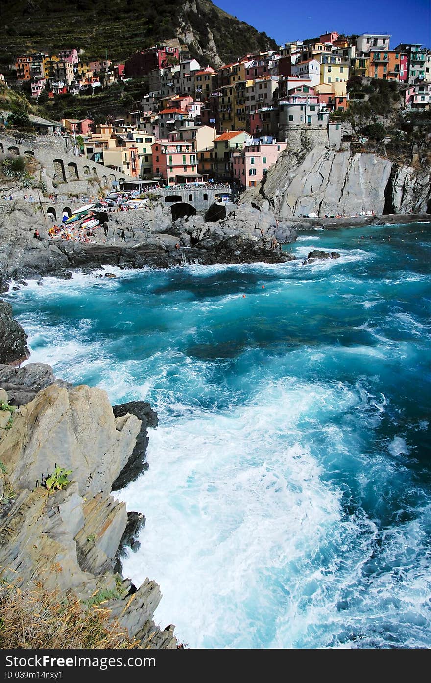 View of RIomaggiore and the Mediterranean ocean. View of RIomaggiore and the Mediterranean ocean