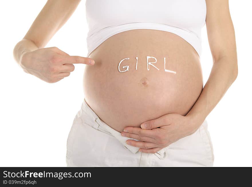 Stomachs of pregnant women with the inscription girl isolated on white