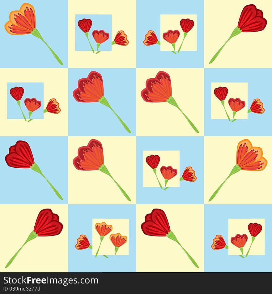 Repeated pattern with red and orange tulips. Repeated pattern with red and orange tulips