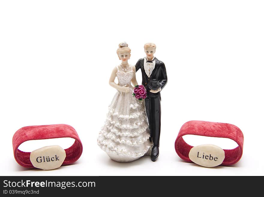 Bridal couple with luck and love label