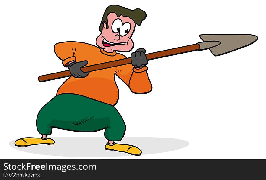 A simple illustration of a construction worker with a shovel in his hands while loading. A simple illustration of a construction worker with a shovel in his hands while loading.