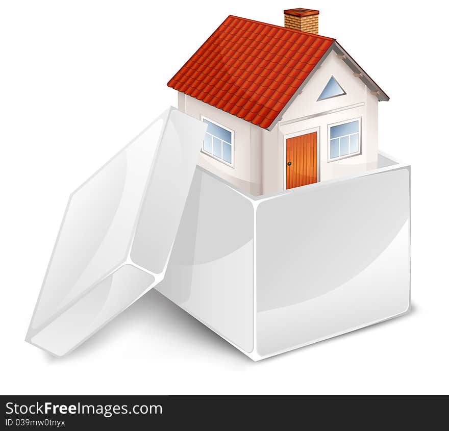 Small beautiful house in open white box, business idea  illustration. Small beautiful house in open white box, business idea  illustration