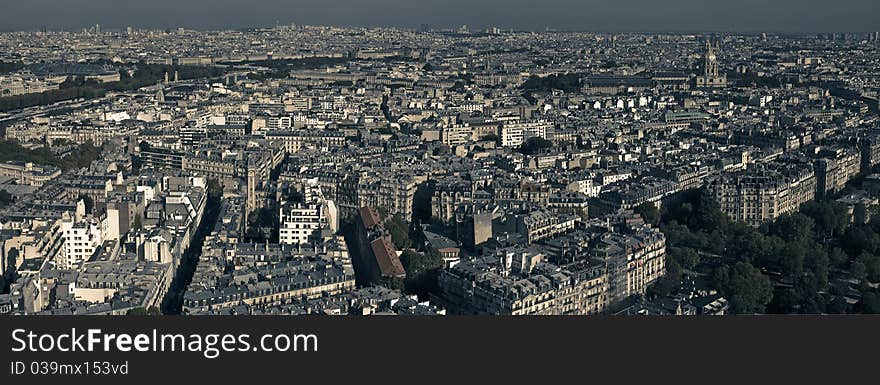 180 Panoramic shot of Paris France as seen from Eiffel tower in Vintage colors. 180 Panoramic shot of Paris France as seen from Eiffel tower in Vintage colors