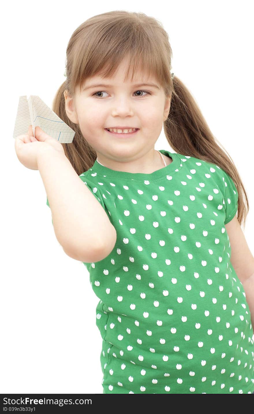 Little girl flys the plane on white