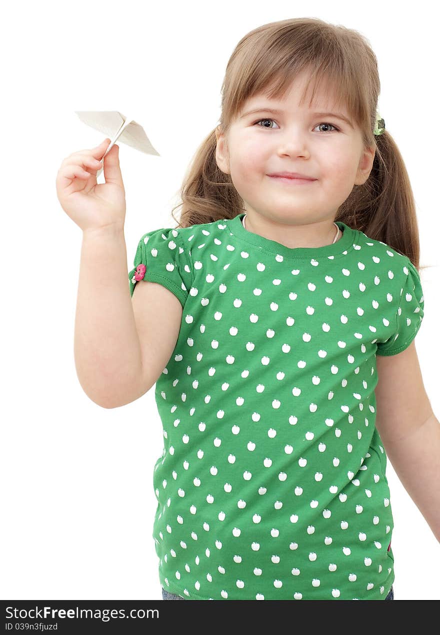 Little girl flys the plane on white