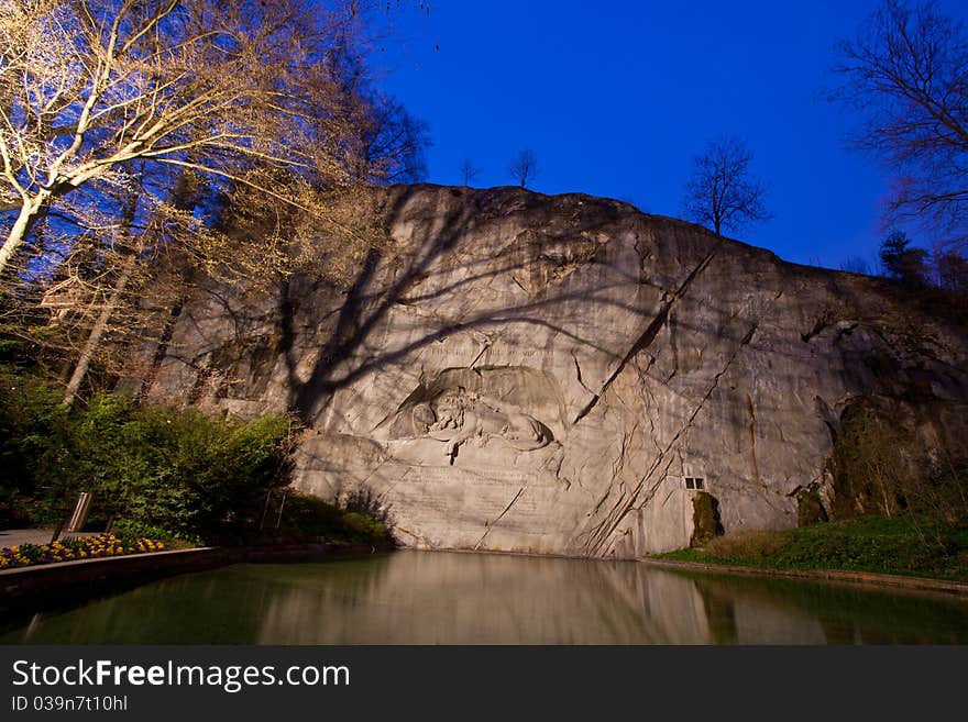 Dying lion monument in Lucern Switzerland twilight