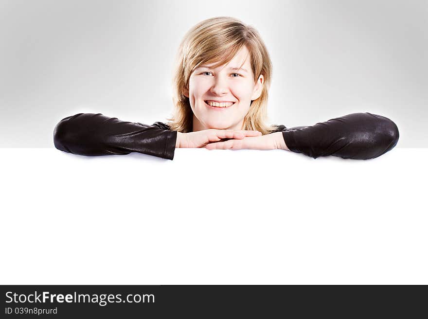 Young attractive woman and  empty white board