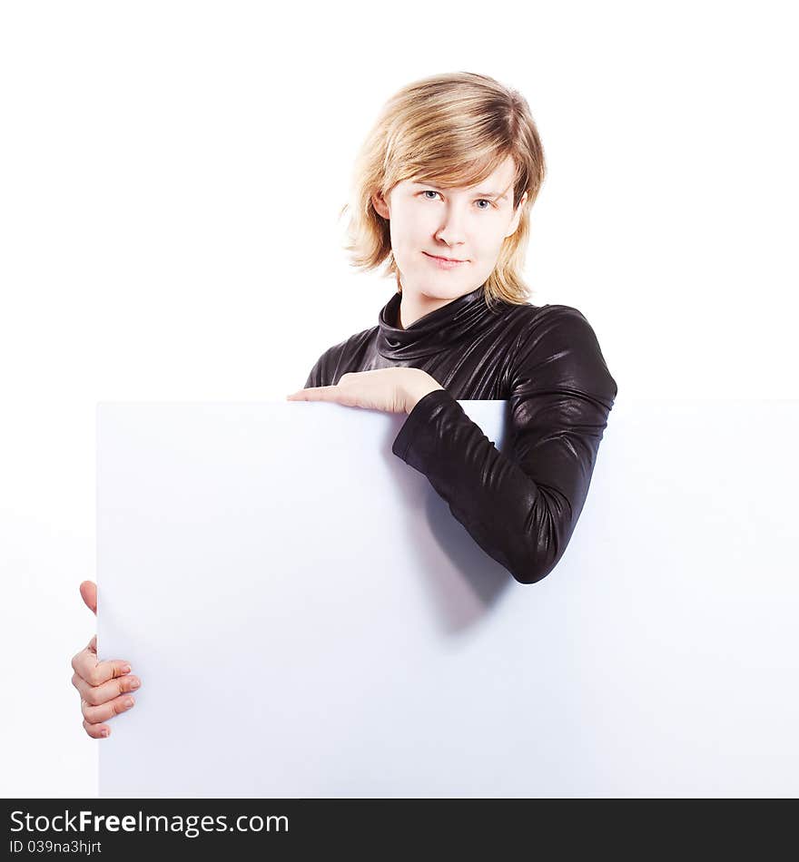 Young attractive woman and  empty white board