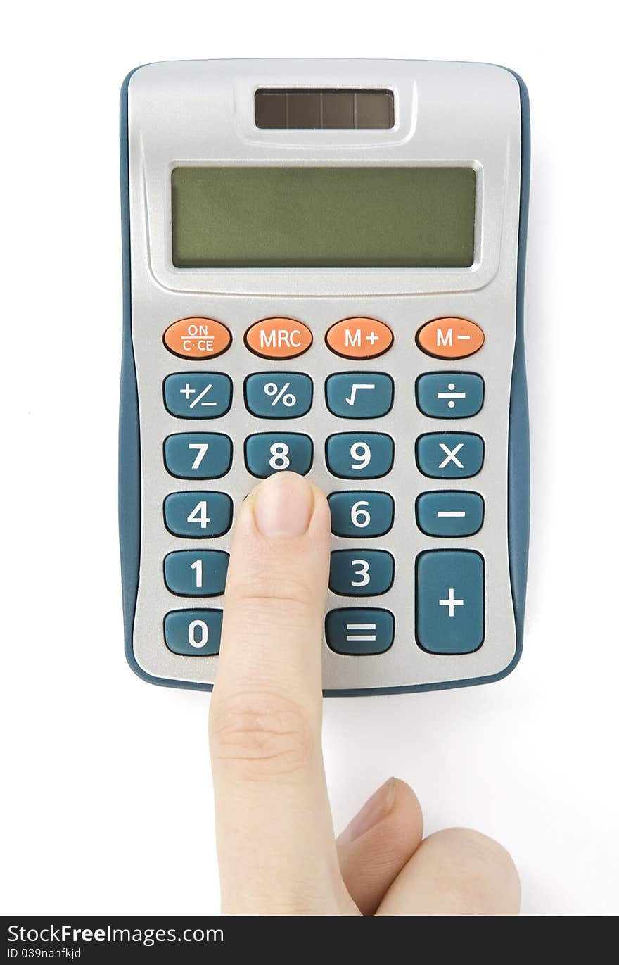 Calculator with hand isolated on white