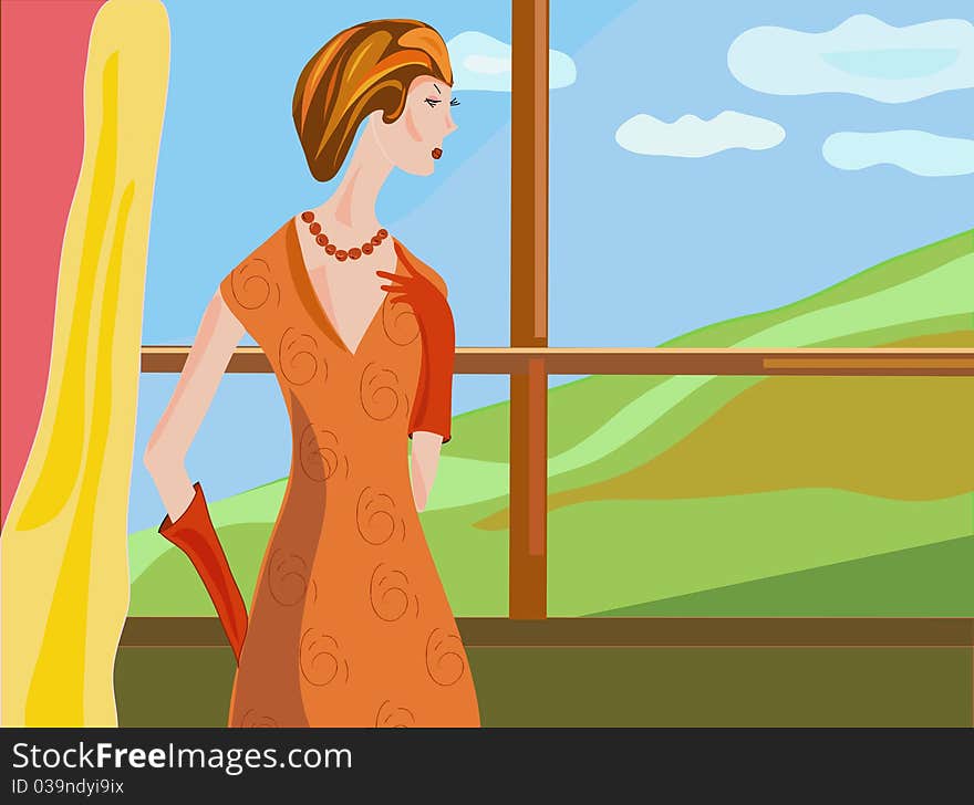 Retro woman by the window illustration