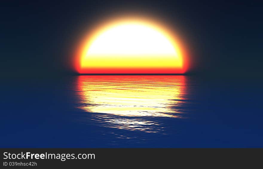 A computer generated image of a stylised setting sun at sea. A computer generated image of a stylised setting sun at sea