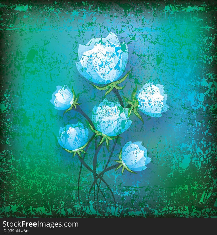 Abstract floral illustration with blue flowers on green background