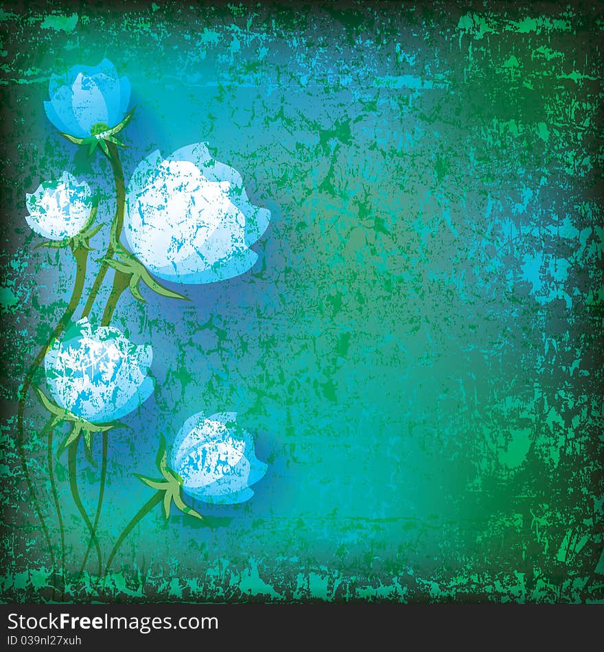 Abstract grunge illustration with blue flowers on green background. Abstract grunge illustration with blue flowers on green background