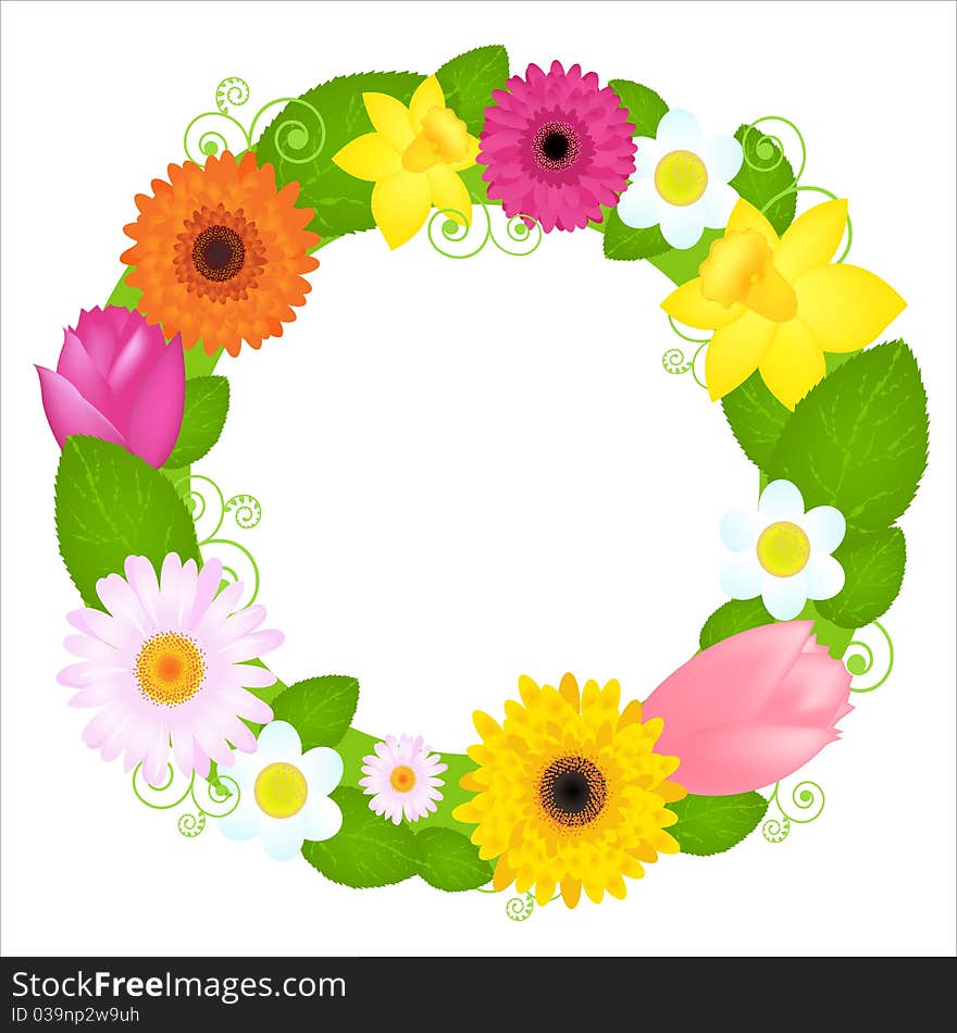 Wreath From Flowers And Leaves, Isolated On White Background, Vector Illustration. Wreath From Flowers And Leaves, Isolated On White Background, Vector Illustration
