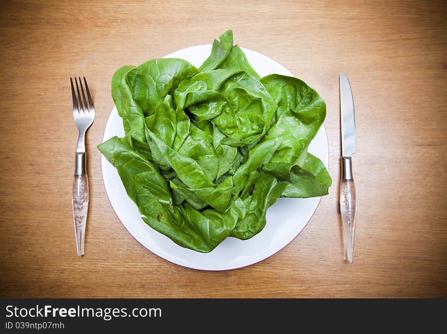 Fresh green lettuce served on plate symbolizing healthy diet. Fresh green lettuce served on plate symbolizing healthy diet