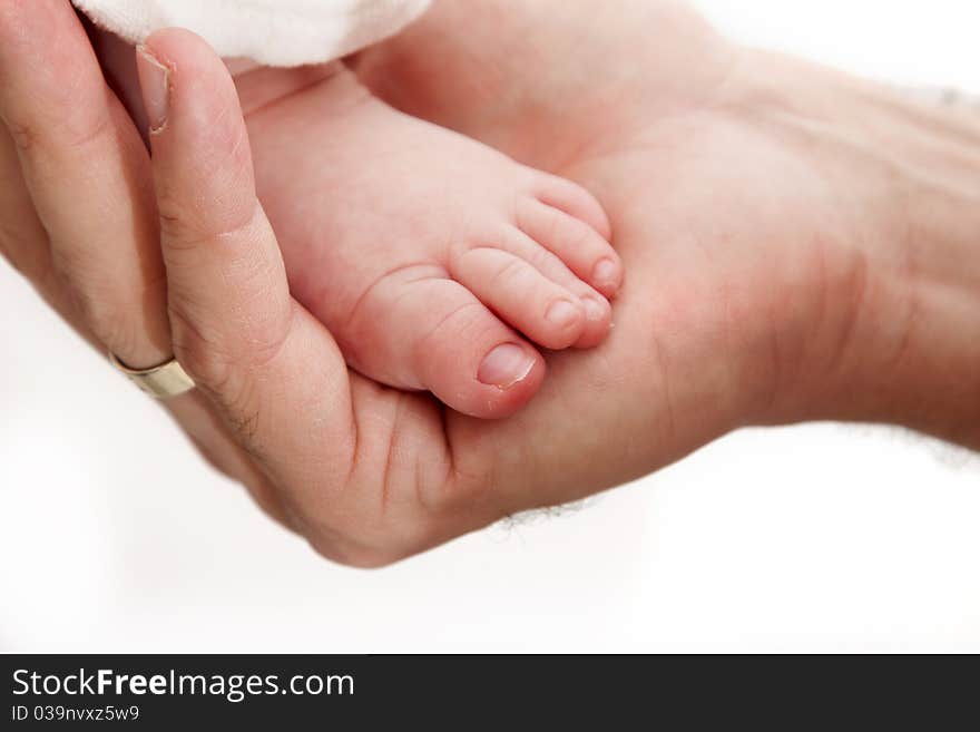 Baby leg in father's hand isolated