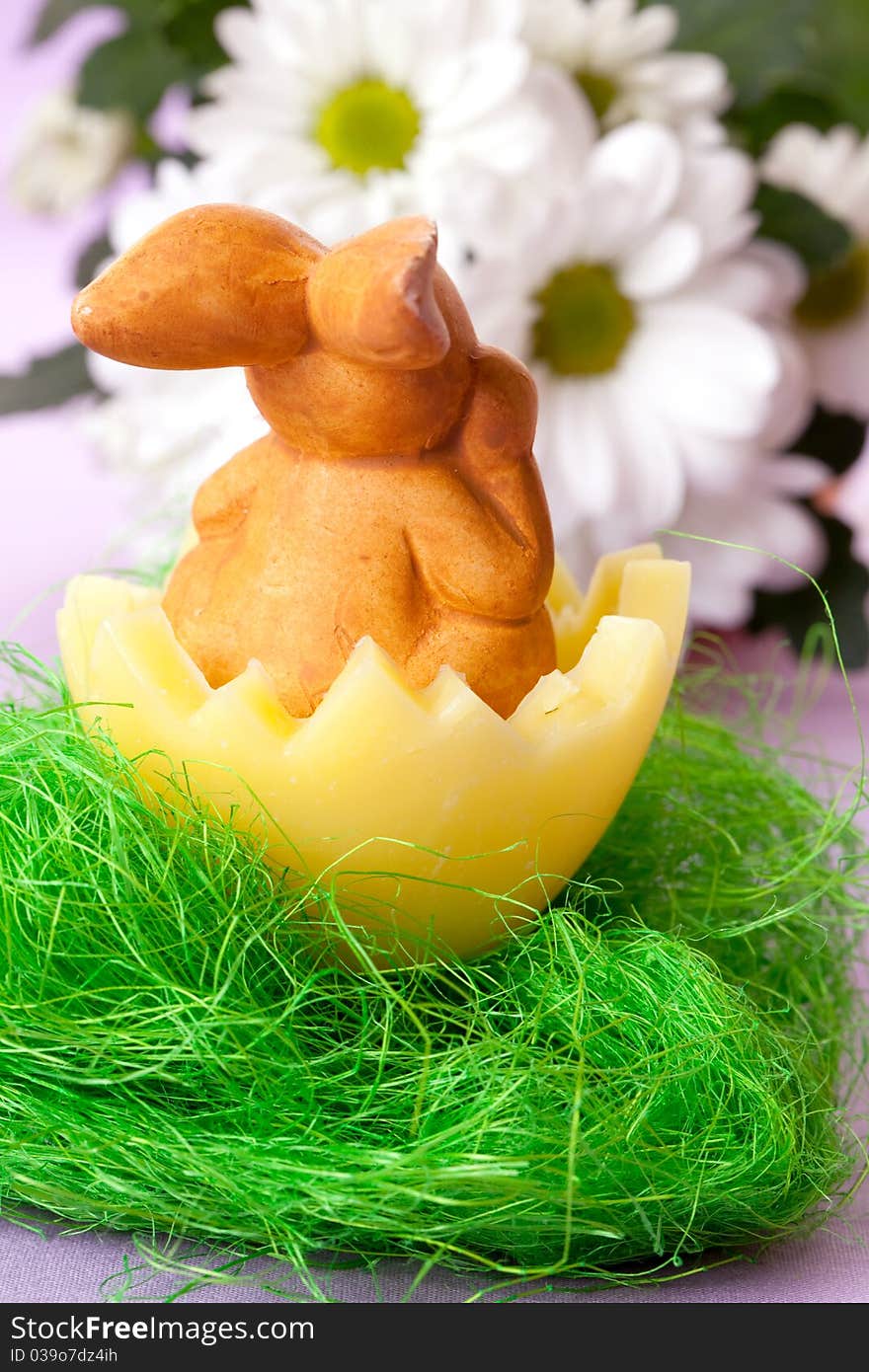 Easter bunny in eggshell on green grass. Easter bunny in eggshell on green grass