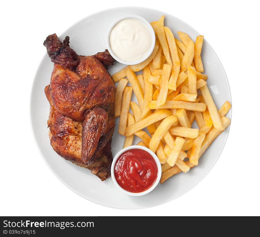 Half roasted chicken and french fries