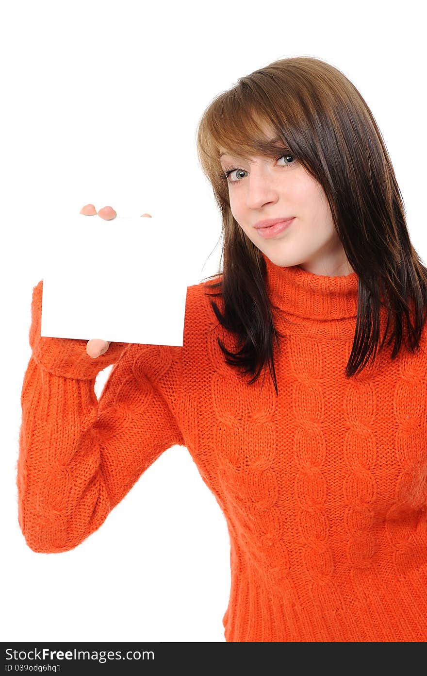 Young woman holding empty white board. On a white background