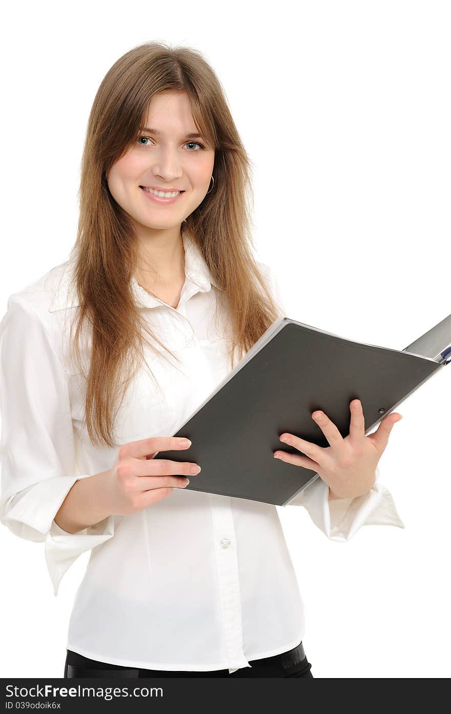 Beautiful confident woman with a folder on a white background