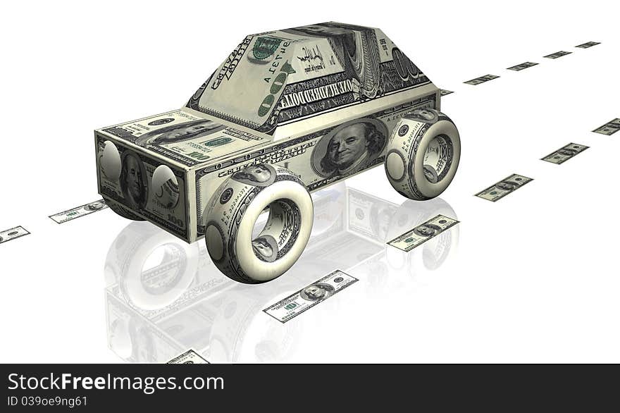 Car illustration with notes of dollars. Car illustration with notes of dollars