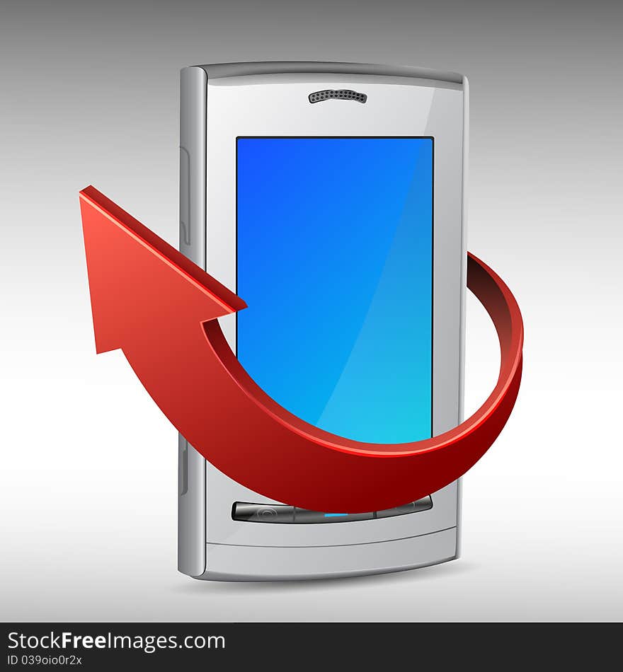 Illustration of mobile phone with arrow on white background