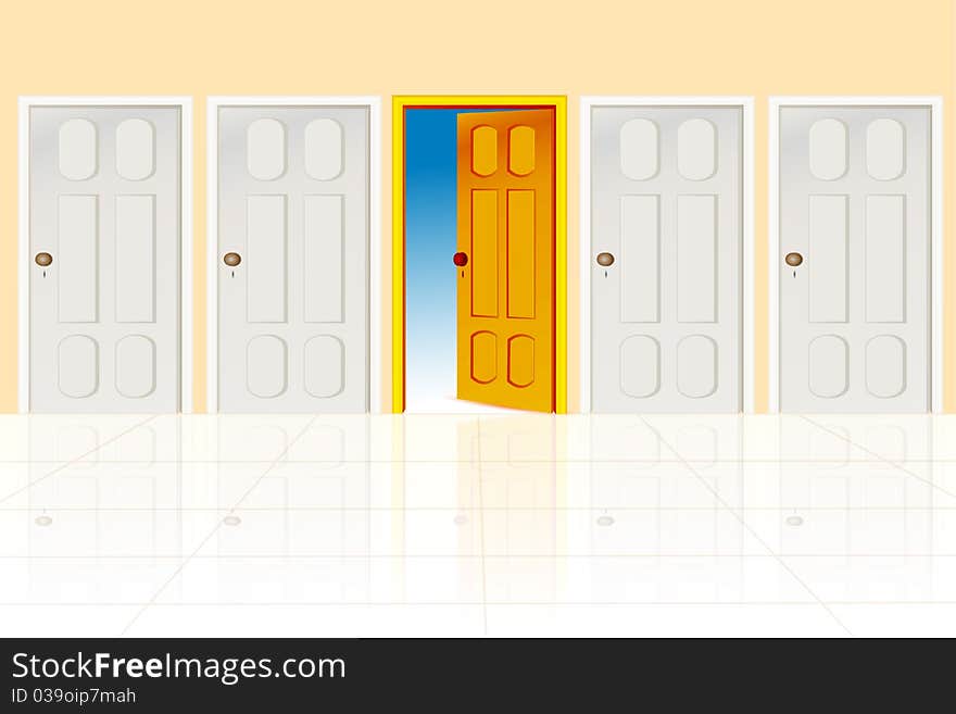 Illustration of several doors on white background