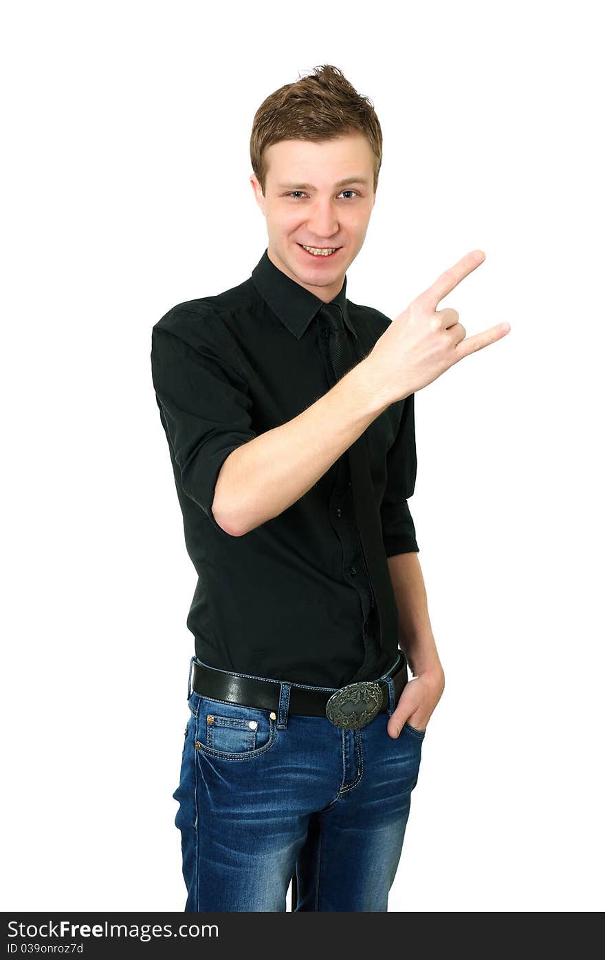 Young male showing rock hand isolated on white