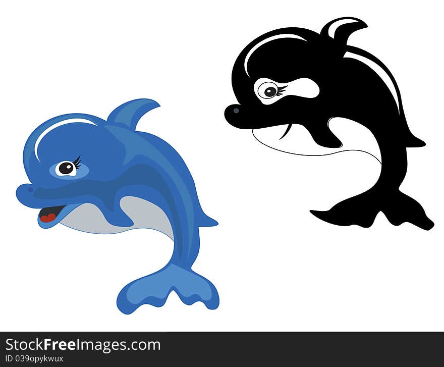 Dolphin and shark isolated over white