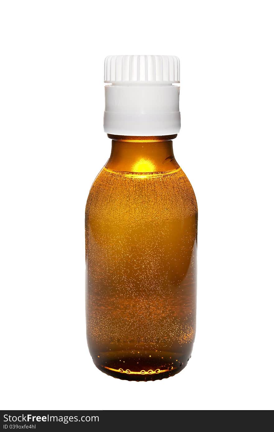 Medicine bottle. Brown glass. White childproof lid. 100ml. Isolated on white. Clipping path included.