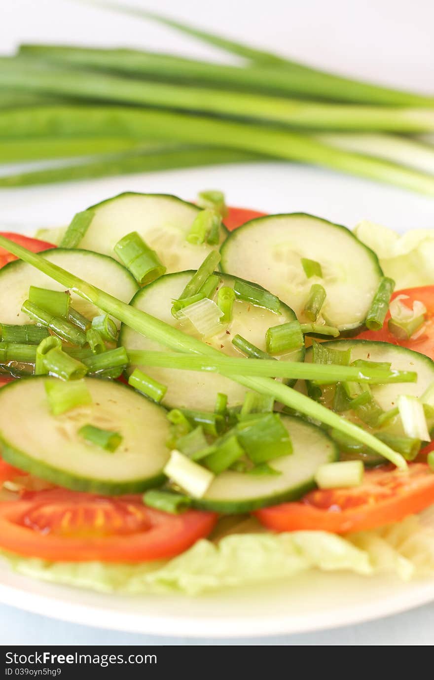 Fresh salad with cucumber, tomato and lettuce, with spring onions and chives garnish on white plate. Fresh salad with cucumber, tomato and lettuce, with spring onions and chives garnish on white plate