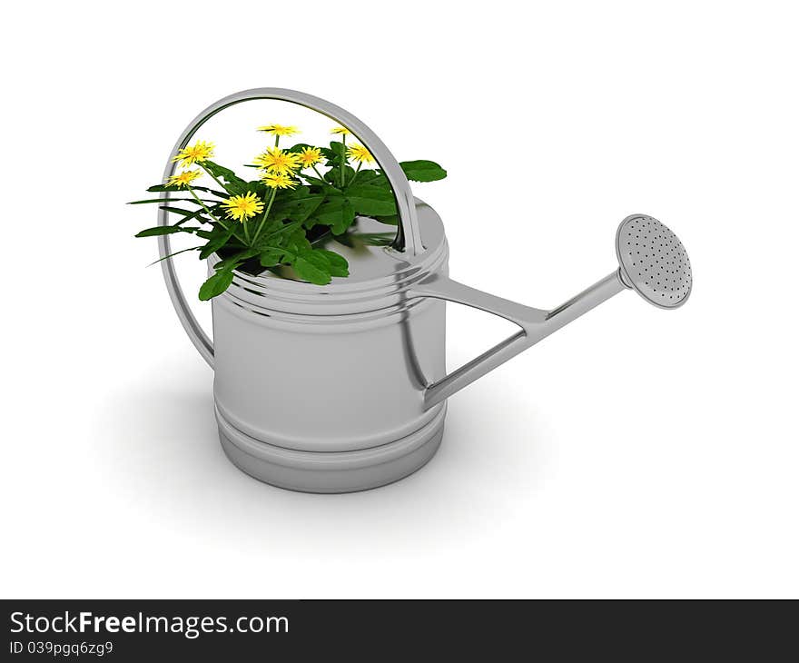 3d render of dandelions in a metal watering can