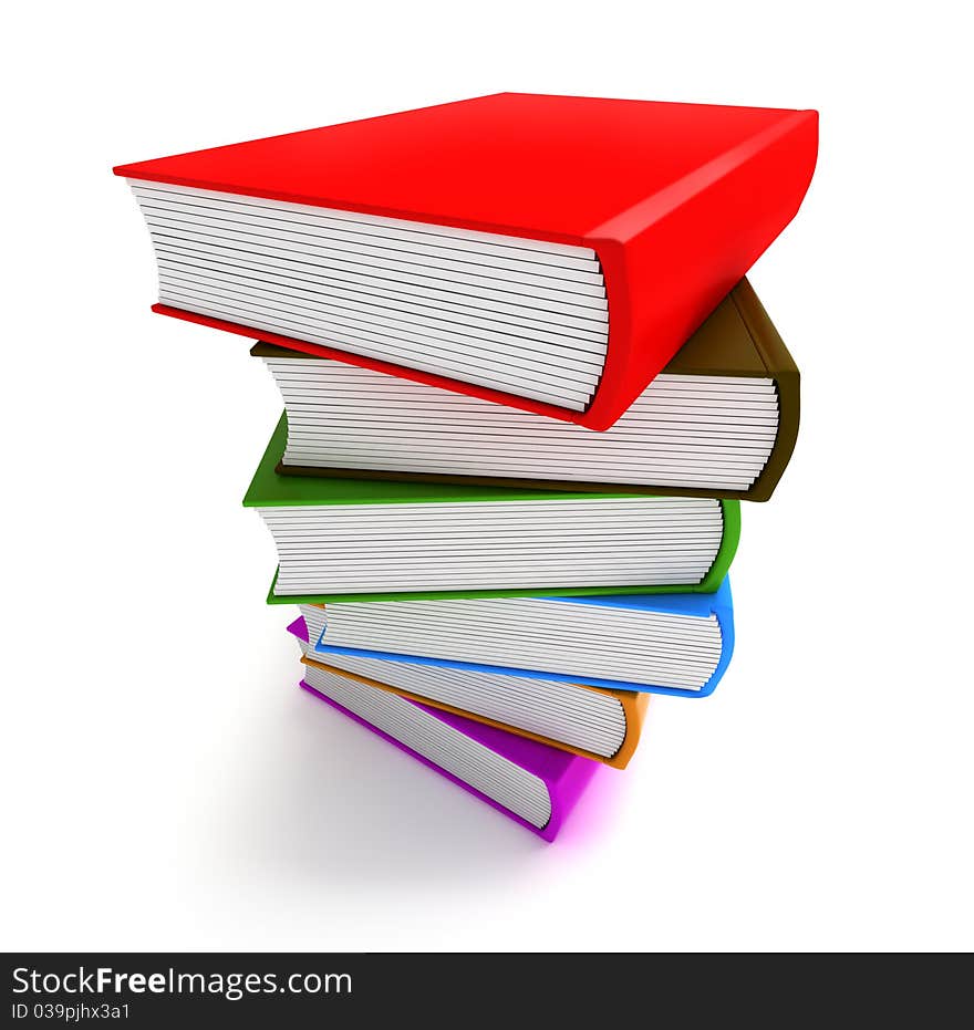 Books multicolor in pile top side closeup view isolated on white