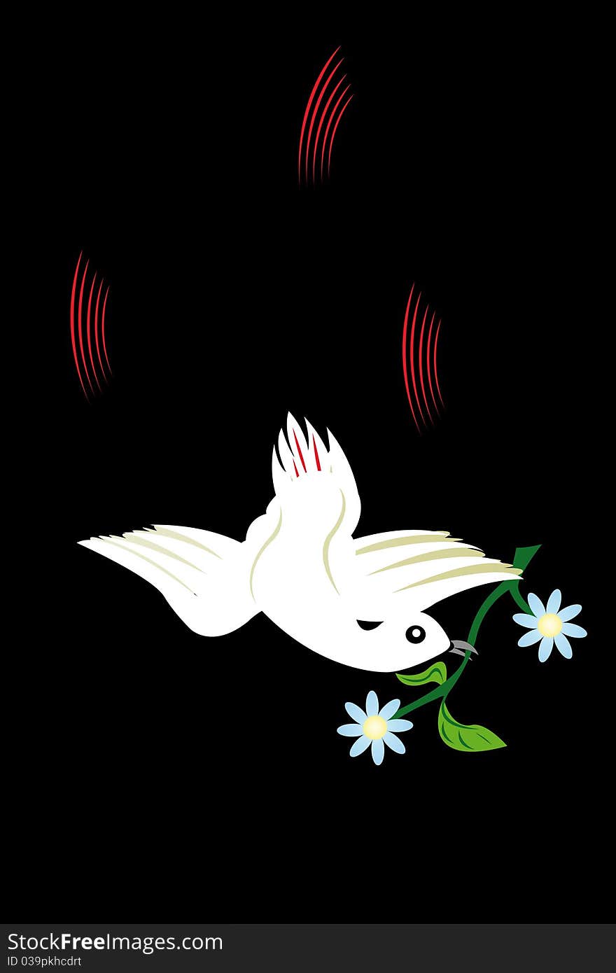 Vector illustration of bird with flower in her beak under the black background