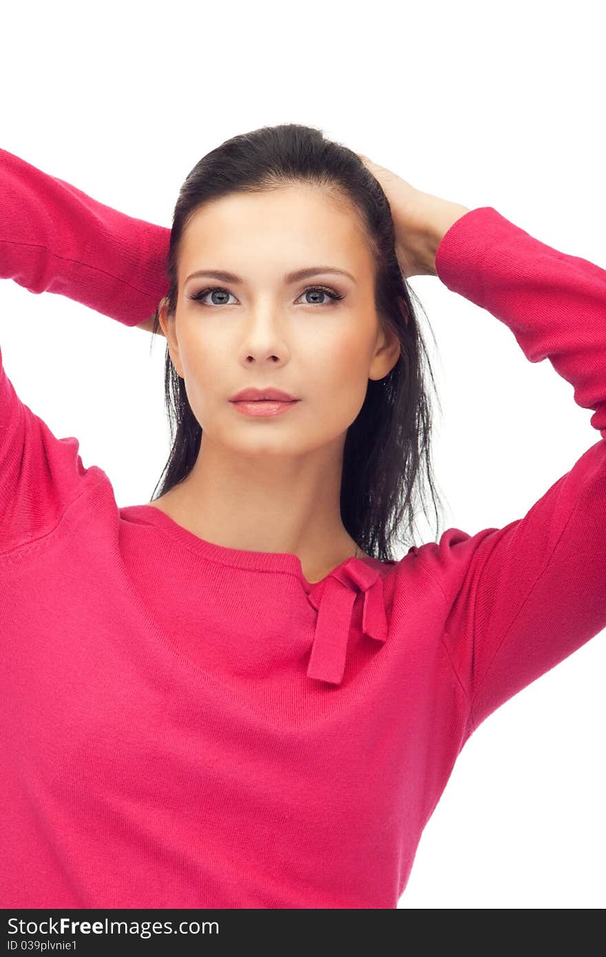 Beautiful dark hair woman in rose blouse isolated on white. Beautiful dark hair woman in rose blouse isolated on white