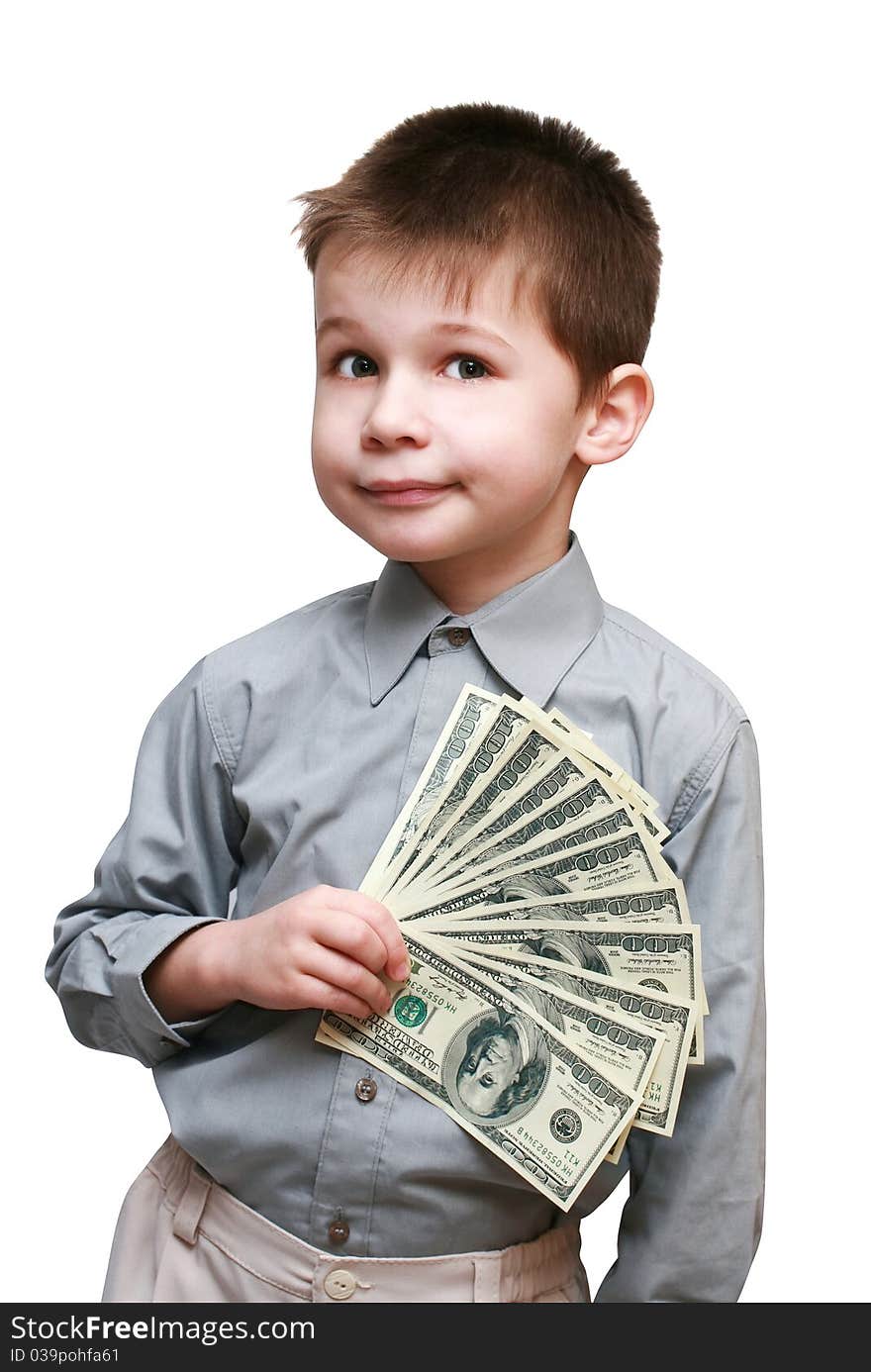 Boy holding a lot of dollars on a white background