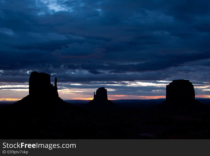 Monument valley cloudy early dark sunrise