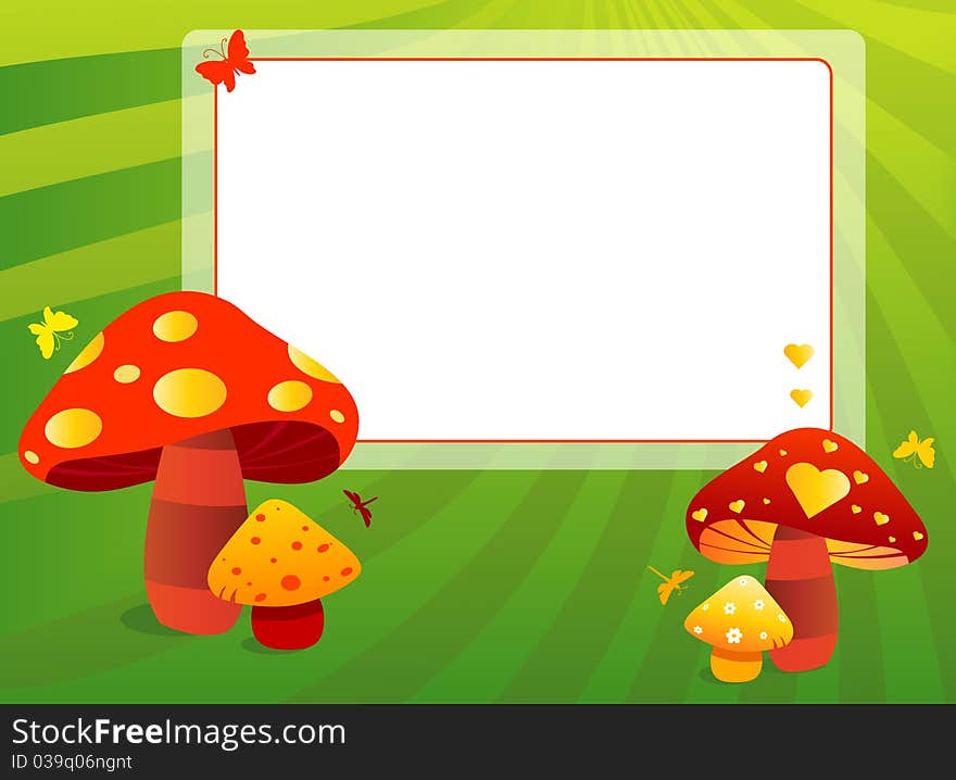 A illustration of text board design with mushroom and butterfly decorations