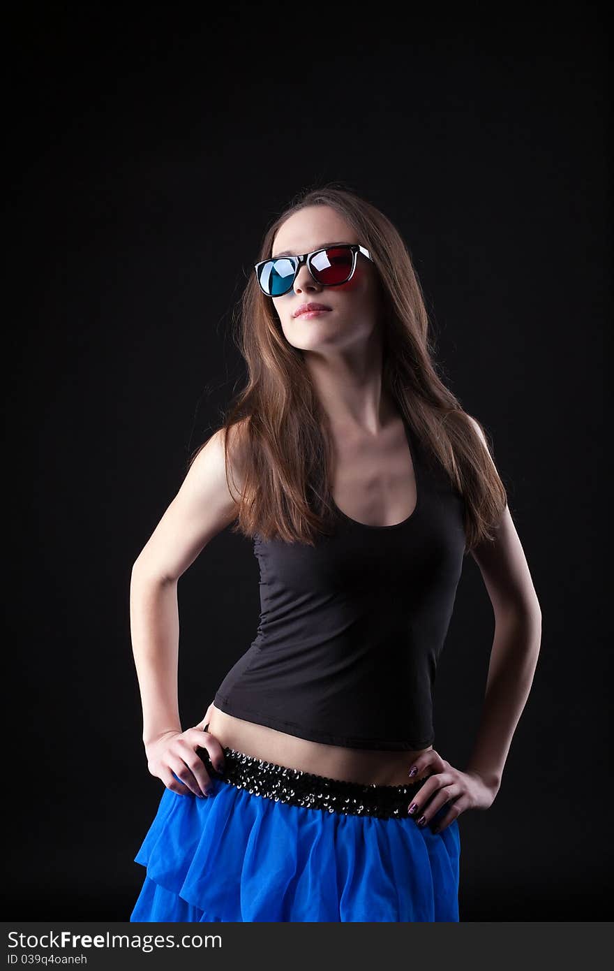 Beauty girl dance disco style in anaglyph glasses