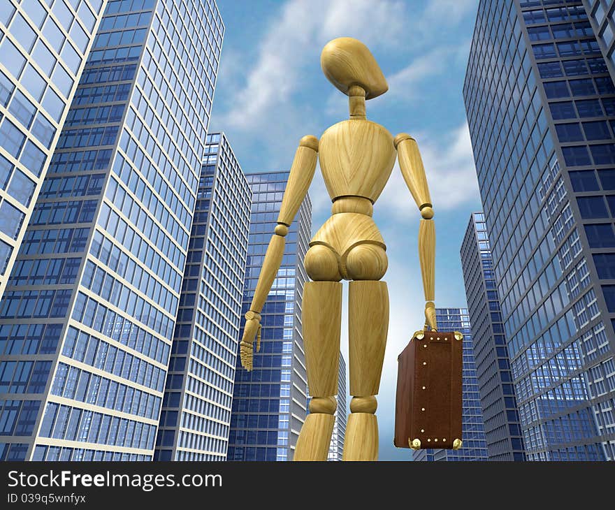 Very high resolution 3d rendering of a wooden mannequin with a baggage looking at the skyscrapers. Very high resolution 3d rendering of a wooden mannequin with a baggage looking at the skyscrapers.