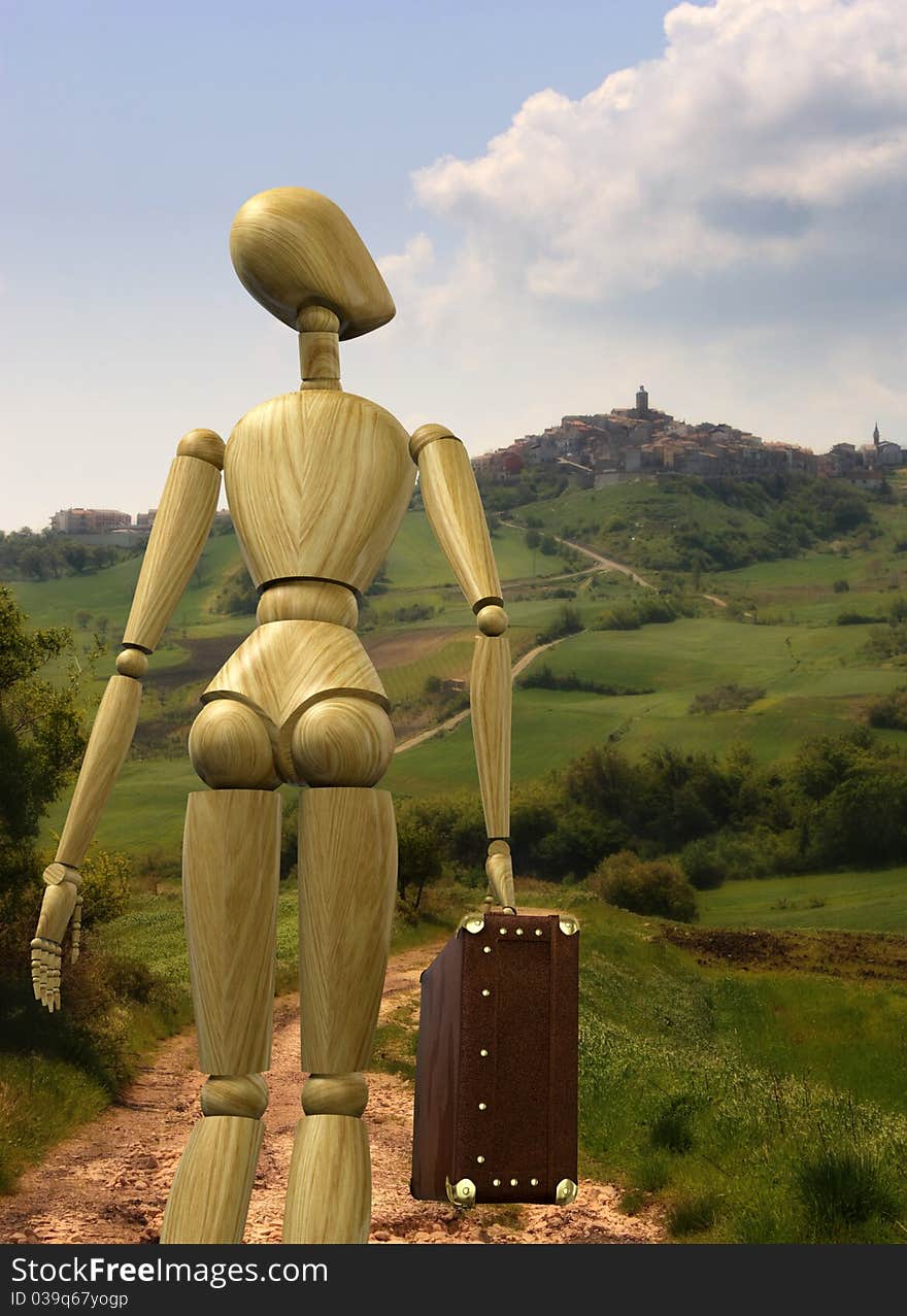 High resolution 3d rendering of a wooden mannequin with a luggage going to the country. High resolution 3d rendering of a wooden mannequin with a luggage going to the country.