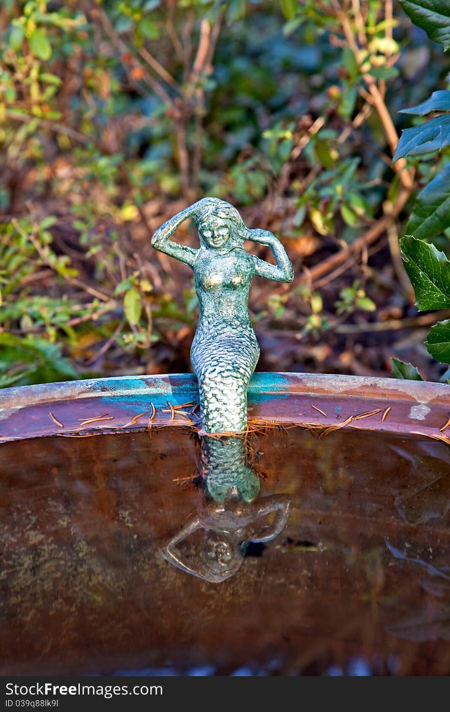 Little mermaid sitting on the edge of a basin with reflection in the water