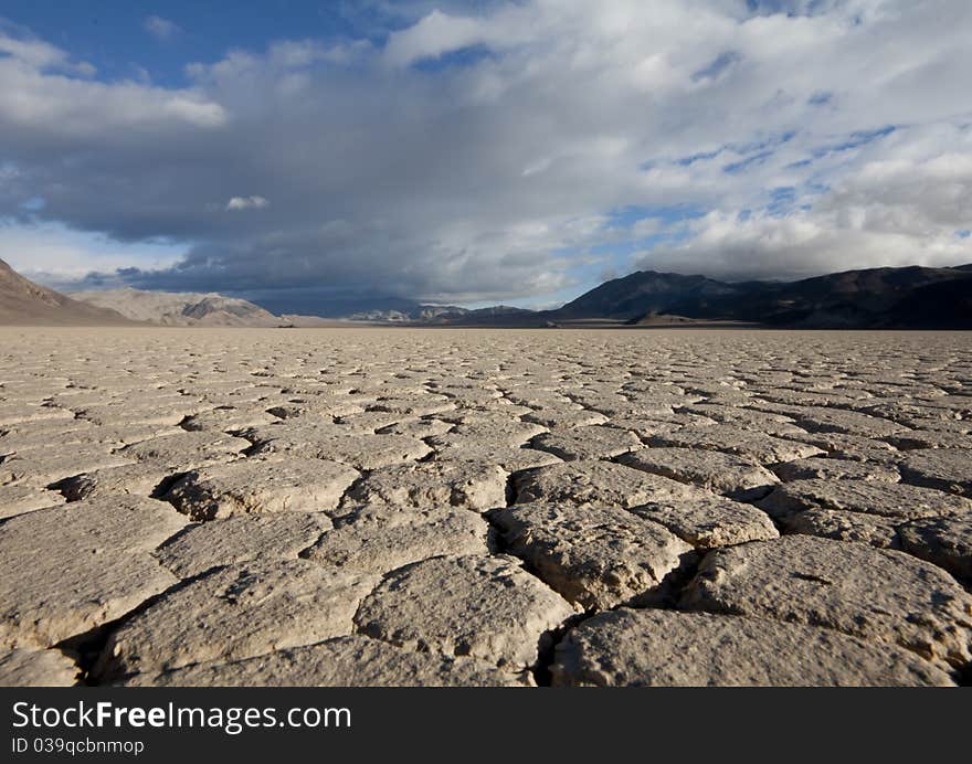 Dry clay texture racetrack playa in Death Valley national park. Taken from a low angle