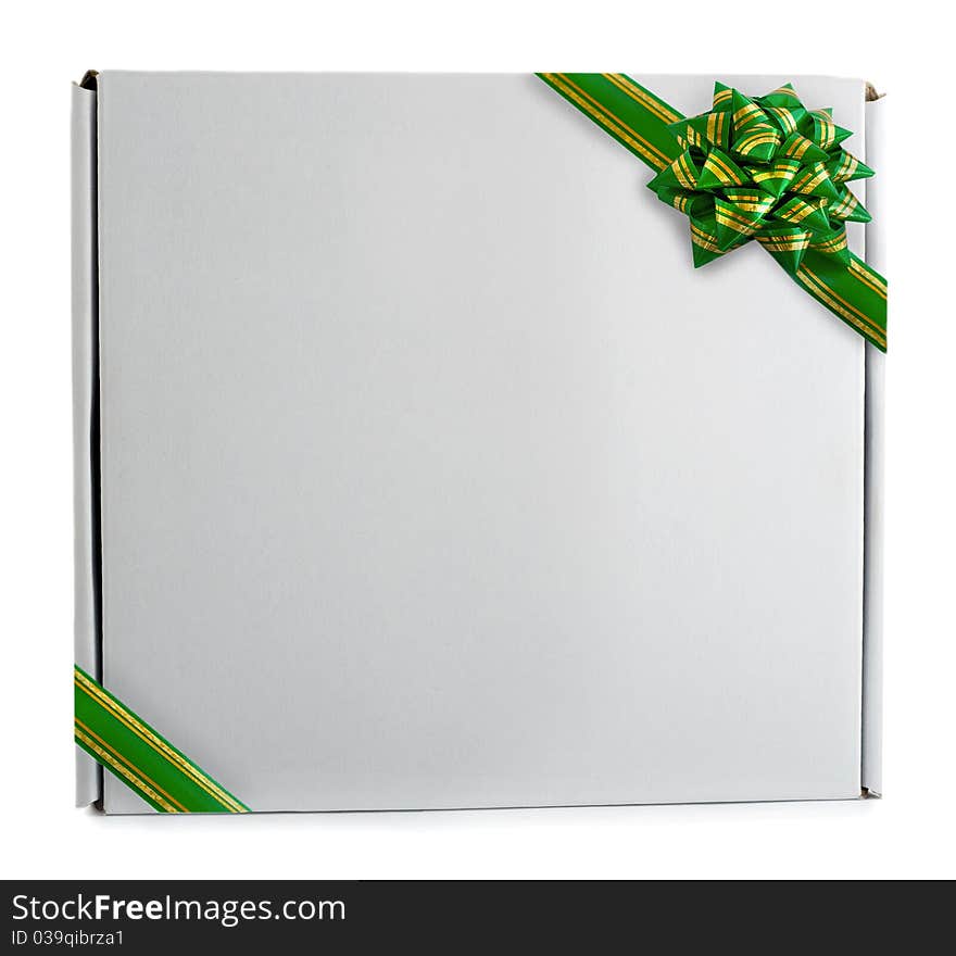 Gift box green ribbon bow isolated on the white background