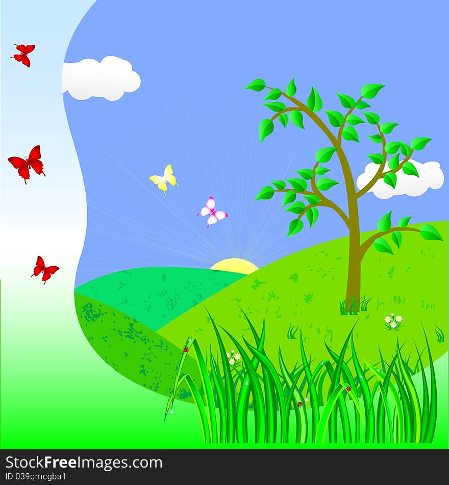 Landscape with tree and butterflies. Landscape with tree and butterflies.