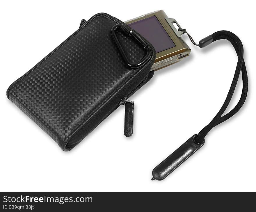 Small compact digital camera being stored in a pouch for protection