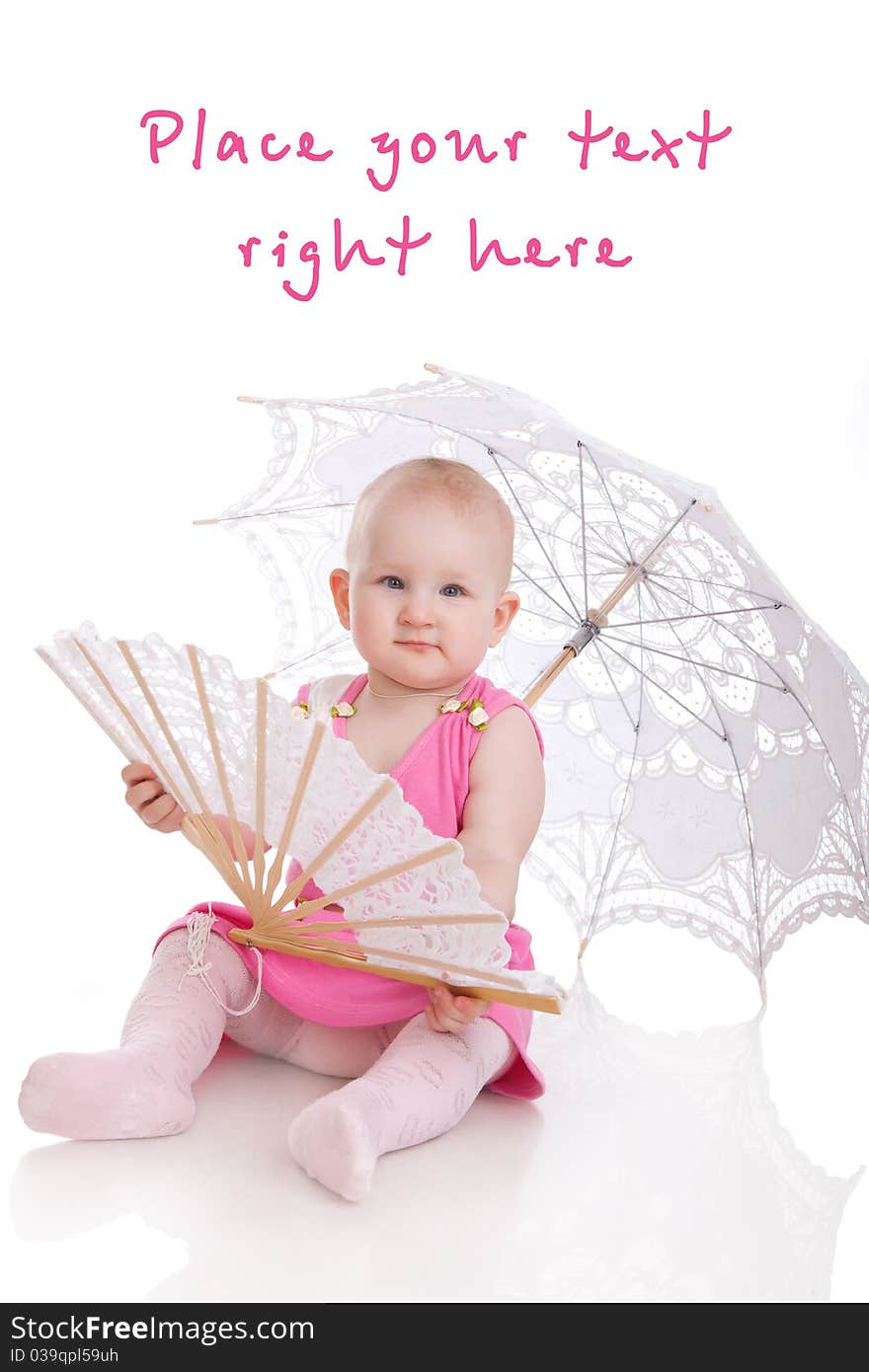 Portrait of the child with a white umbrella and a white fan in studio isolated on a white background. Portrait of the child with a white umbrella and a white fan in studio isolated on a white background